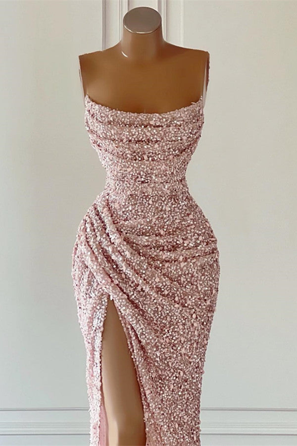 Dusty Pink Square Neck Sleeveless Prom Dress UK with Mermaid Slit and Sequins-ballbellauk