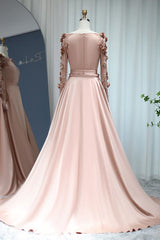 Elegant A Line Prom Dress UK with Long Sleeves and Flower Appliques-ballbellauk