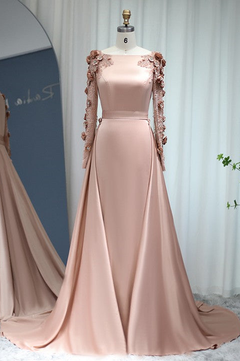 Elegant A Line Prom Dress UK with Long Sleeves and Flower Appliques-ballbellauk