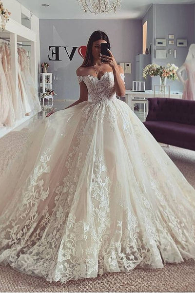 Elegant Ball Gown Princess Wedding Dress Lace Bridal Gown Off the Shou ballbellauk