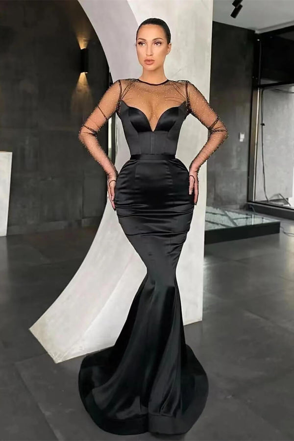 Elegant Black Mermaid Long Sleeves Prom Dress UK With Beads Online V-Neck-ballbellauk