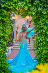 Elegant Blue Silver Sequined Feathers Mermaid Long Prom Dresses-Ballbella