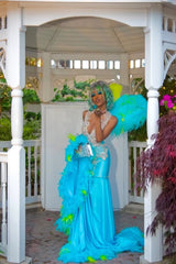 Elegant Blue Silver Sequined Feathers Mermaid Long Prom Dresses-Ballbella