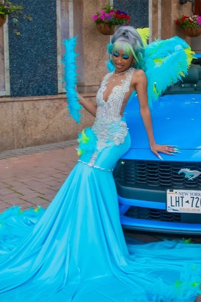 Elegant Blue Silver Sequined Feathers Mermaid Long Prom Dresses –  ballbellauk