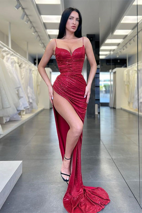 Elegant Burgundy SPAGHETTI-STRAPS High Slit Long Prom Dresses Mermaid-ballbellauk