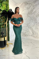 Elegant Dark Green Sweetheart Off-The-Shoulder Prom Dress UK with Applique Sequins-ballbellauk