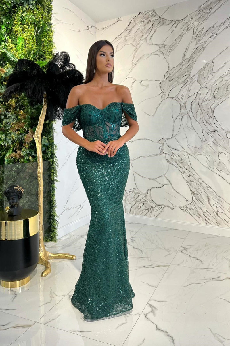 Elegant Dark Green Sweetheart Off-The-Shoulder Prom Dress UK with Applique Sequins-ballbellauk