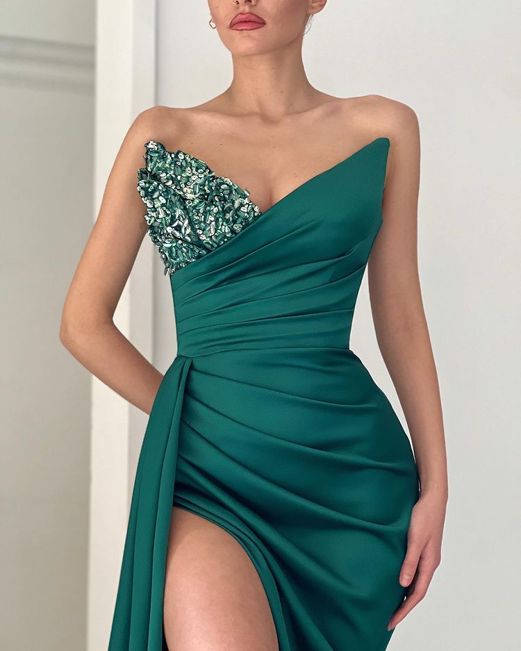 Elegant Emerald Green V Neck Mermaid Prom Dress UK With Long Split-ballbellauk
