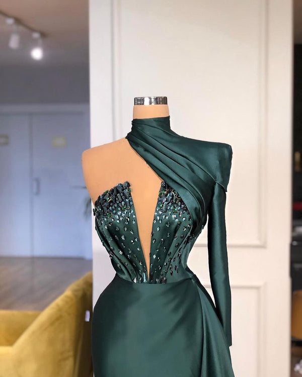 Elegant High Neck Long Sleeve Mermaid Ball Dresses With Crystals One Shoulder-ballbellauk
