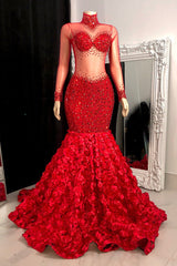 Elegant High Neck Long Sleeves Formal Wears Mermaid Flowers Bottom With Beads-ballbellauk