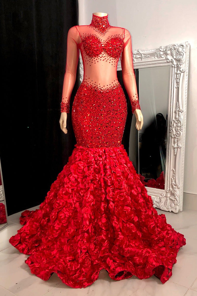 Elegant High Neck Long Sleeves Formal Wears Mermaid Flowers Bottom With Beads-ballbellauk