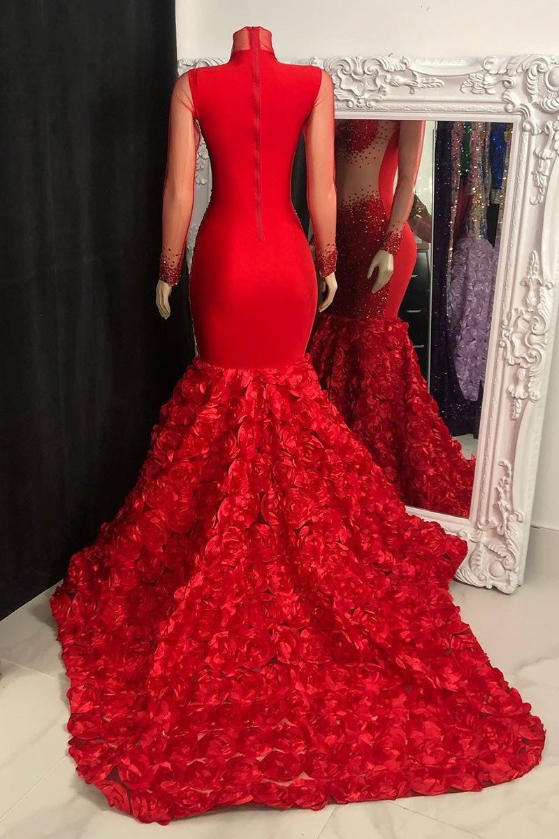 Elegant High Neck Long Sleeves Formal Wears Mermaid Flowers Bottom With Beads-ballbellauk