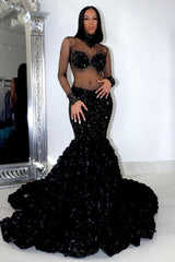 Elegant High Neck Long Sleeves Formal Wears Mermaid Flowers Bottom With Beads-ballbellauk