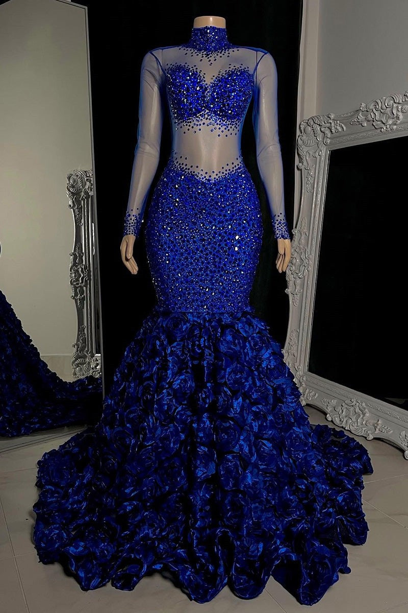 Elegant High Neck Long Sleeves Formal Wears Mermaid Flowers Bottom With Beads-ballbellauk