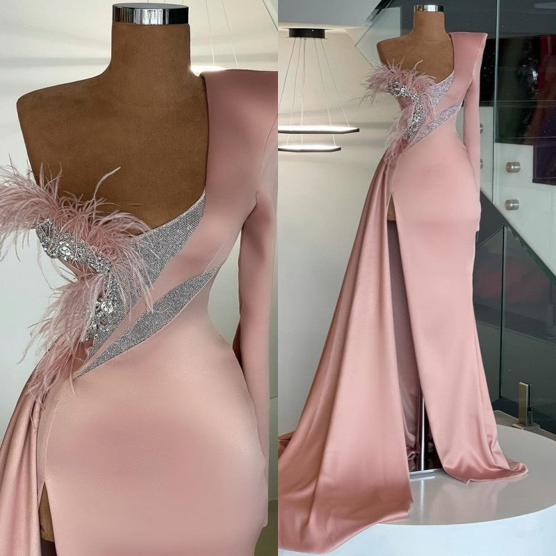 Elegant Long Sleeve One Shoulder Mermaid Prom Dress Long Split-ballbellauk