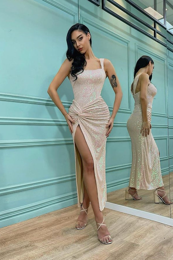 Elegant Mermaid Sequins Evening Dress with Shoulder Straps and Split-ballbellauk
