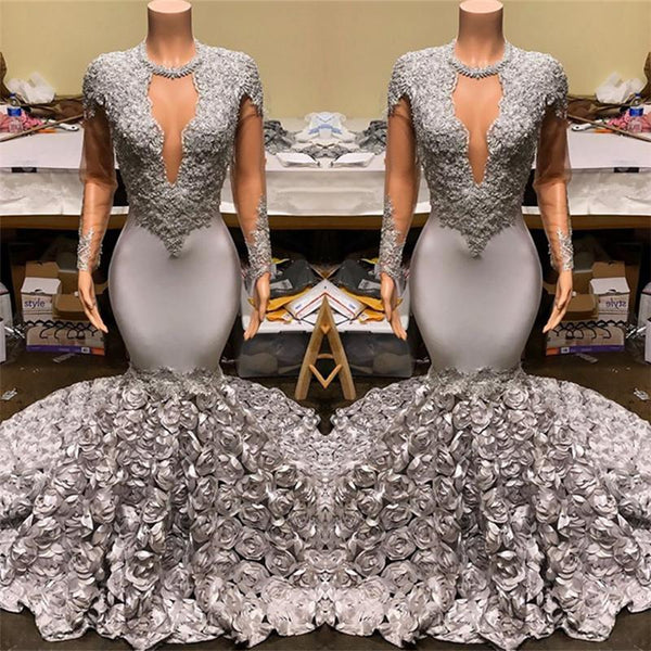 Elegant Mermaid V-Neck Prom Dress UK with Appliques and Flowers Bottom-ballbellauk