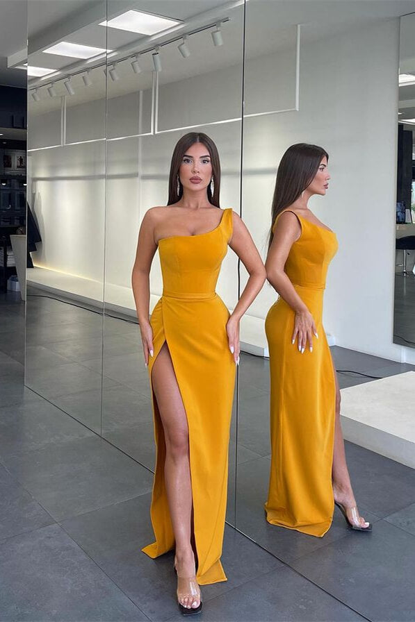 Elegant One Shoulder Mermaid Evening Dress with Long Slit-ballbellauk