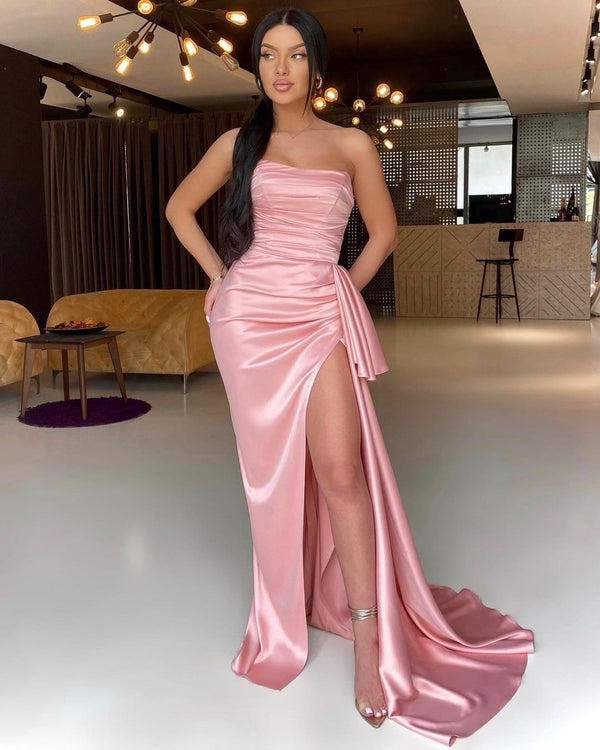 Elegant Pink Pleated Prom Dress Mermaid Long With Slit Strapless-ballbellauk