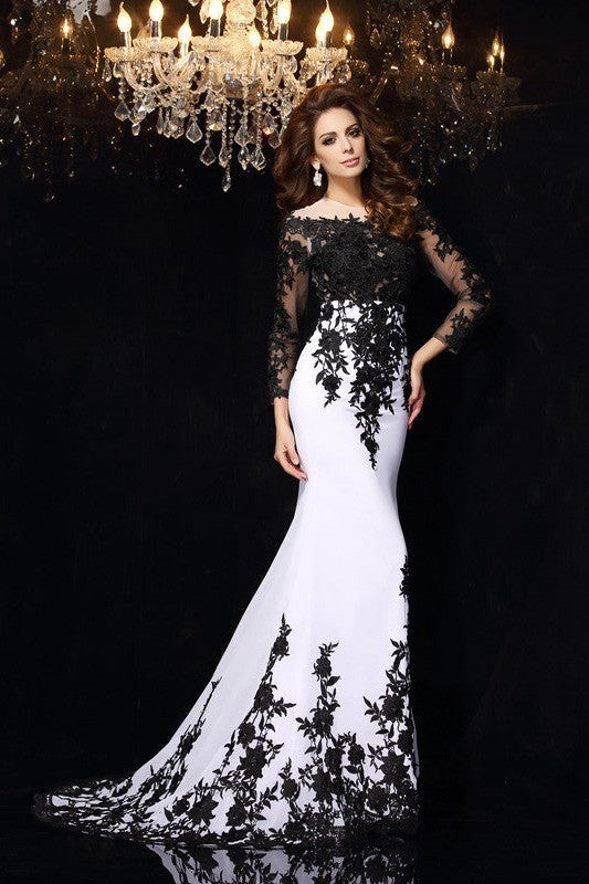 Elegant Scoop Lace Long Sleeves Chiffon Prom Dress-ballbellauk