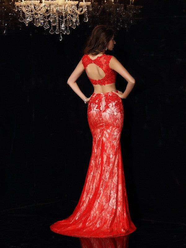 Elegant Scoop Lace Sleeveless Long Elastic Woven Satin Two Piece Prom Dress-ballbellauk