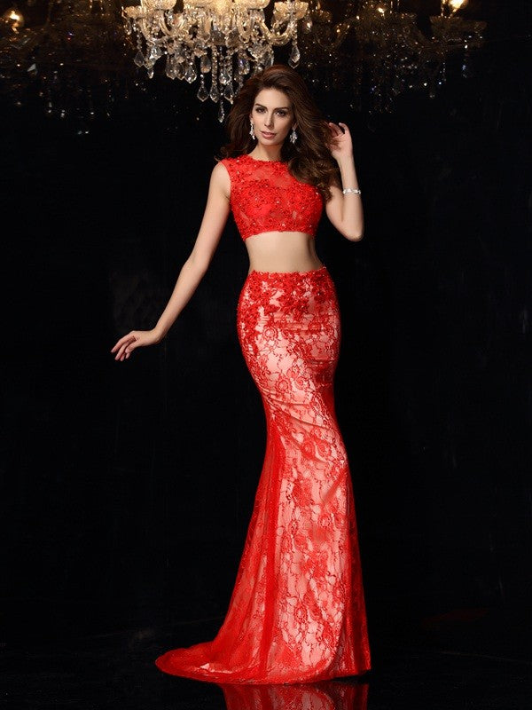 Elegant Scoop Lace Sleeveless Long Elastic Woven Satin Two Piece Prom Dress-ballbellauk
