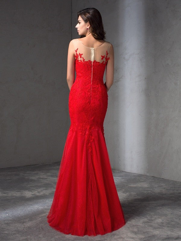 Elegant Scoop With Appliques Sleeveless Long Lace Prom Dress-ballbellauk