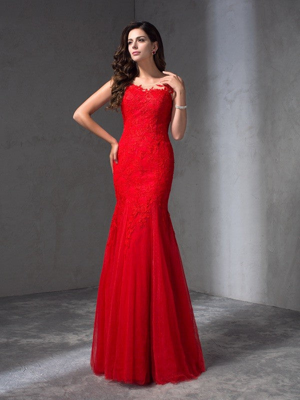 Elegant Scoop With Appliques Sleeveless Long Lace Prom Dress-ballbellauk
