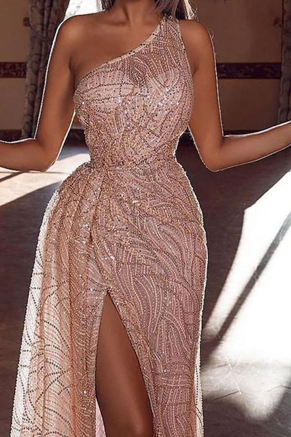 Elegant Sequins Prom Dress Long Slit On Sale One Shouder-ballbellauk
