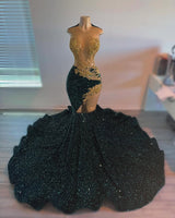 Elegant Sleeveless Dark Green Mermaid Court Train Sequin Prom Dresses-Ballbella