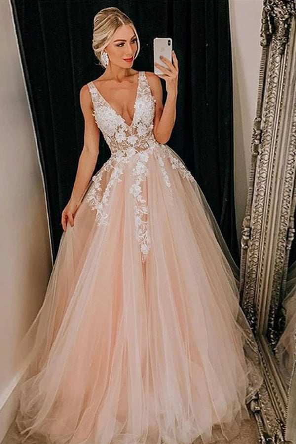 Elegant Sleeveless Tulle V-Neck Evening Dress-ballbellauk