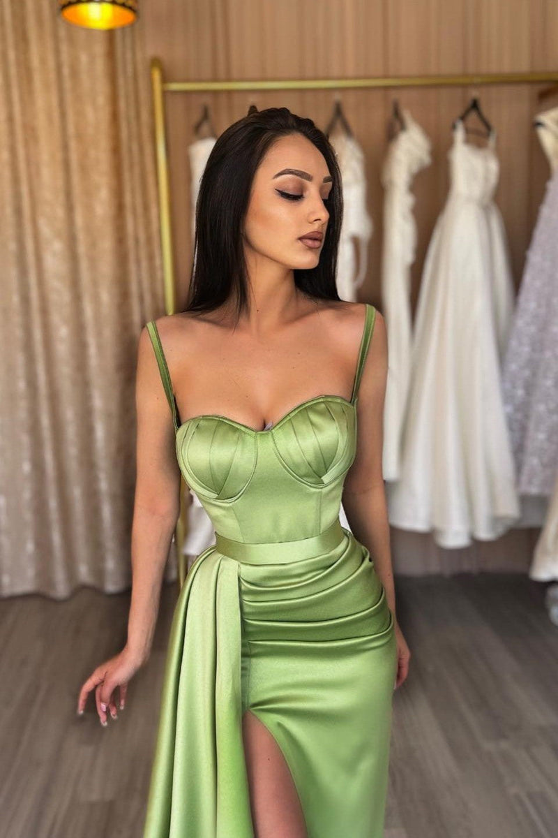 sage green evening dresses uk Dusty Sage Green Prom Dresses V-Neck Spaghetti Straps Pleats Split Lon
