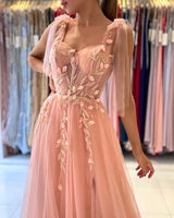 Elegant Straps Tulle Evening Dress Long With Split Sweetheart-ballbellauk