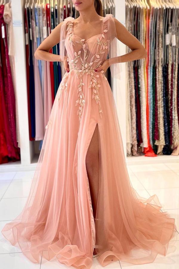 Elegant Straps Tulle Evening Dress Long With Split Sweetheart-ballbellauk