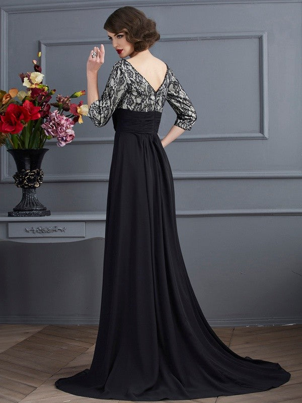 Elegant V-Neck 3/4 Sleeves Lace Long Evening Dress Chiffon-ballbellauk