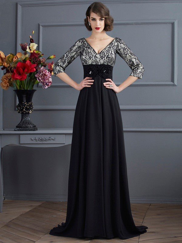 Elegant V-Neck 3/4 Sleeves Lace Long Evening Dress Chiffon-ballbellauk