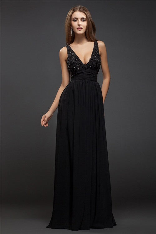 Elegant V-Neck Beading Sleeveless Lace Long Evening Dress Chiffon-ballbellauk