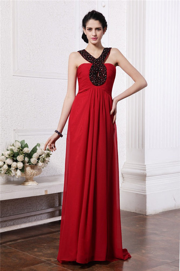 Elegant V-Neck Beading Sleeveless Long Evening Dress Chiffon-ballbellauk