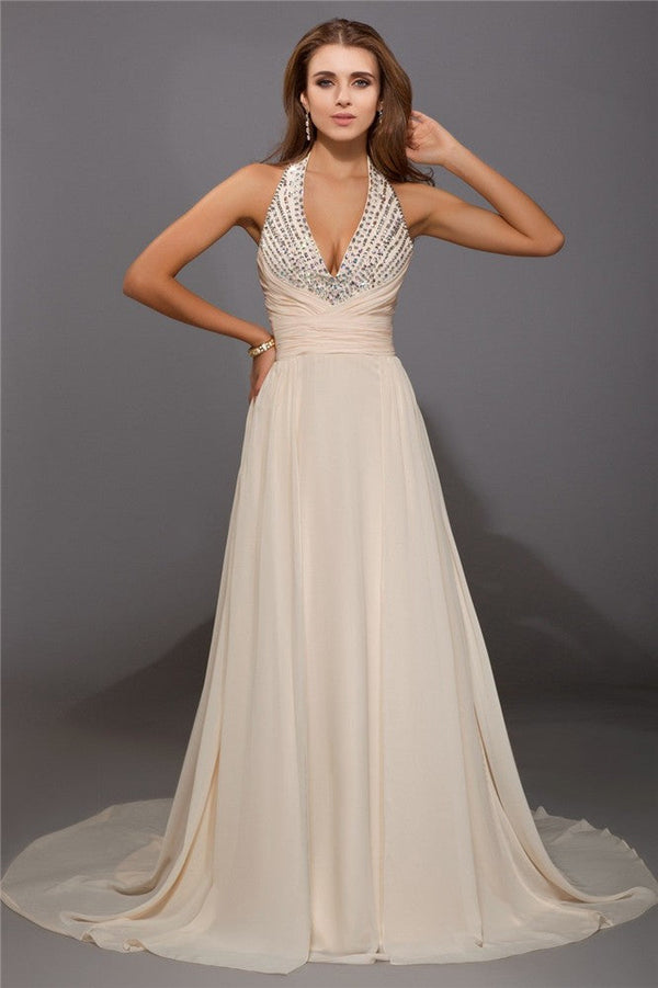Elegant V-Neck Beading Sleeveless Long Evening Dress Chiffon-ballbellauk