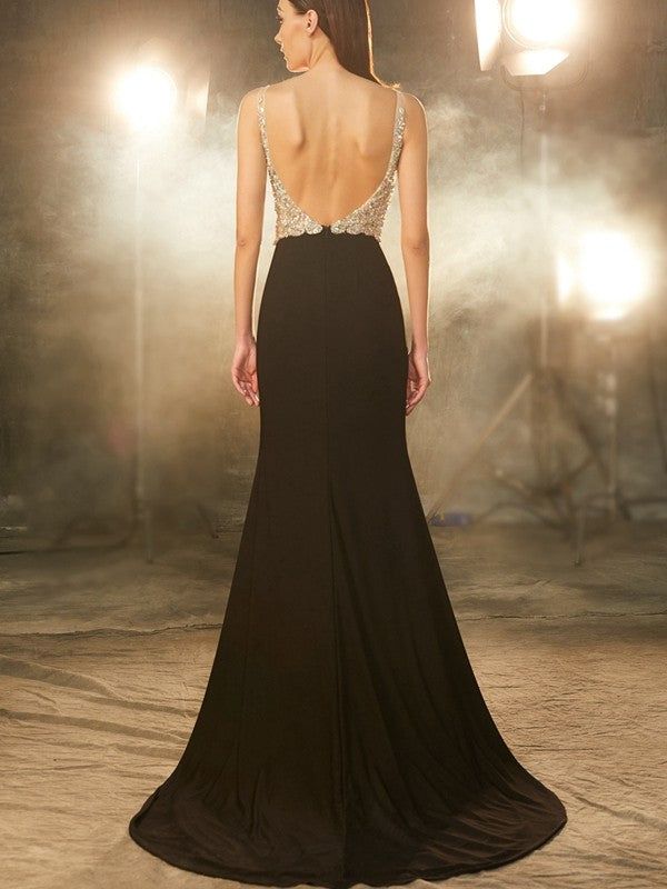 Elegant V-Neck Beading Sleeveless Spandex Prom Dress-ballbellauk