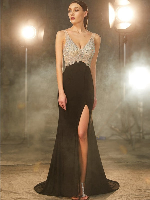 Elegant V-Neck Beading Sleeveless Spandex Prom Dress-ballbellauk