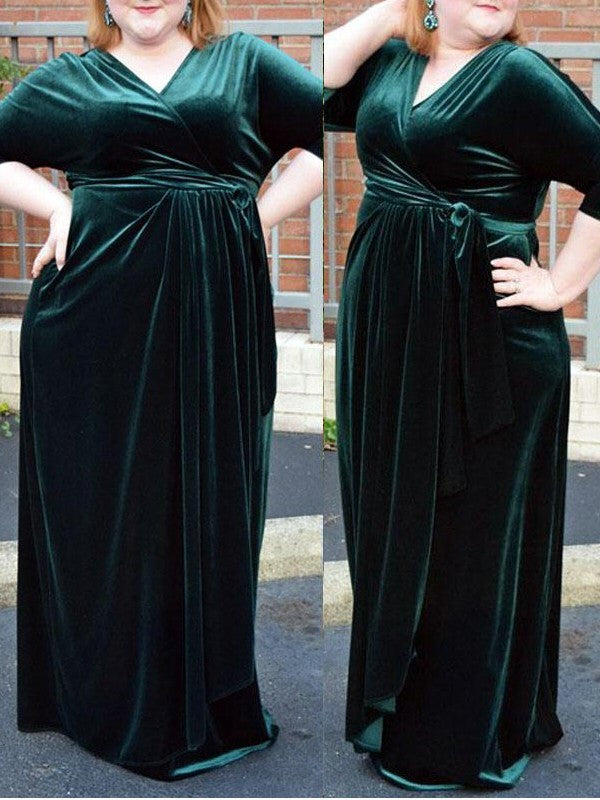 Elegant V-Neck Half Sleeves Ruched Long Velvet Plus Size Prom Dress-ballbellauk
