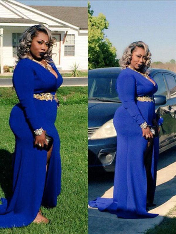Elegant V-Neck Long Sleeves Beading Spandex Plus Size Prom Dress-ballbellauk
