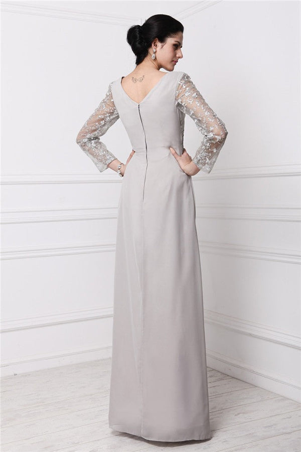 Elegant V-Neck Long Sleeves Lace Long Evening Dress Chiffon-ballbellauk