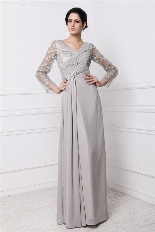 Elegant V-Neck Long Sleeves Lace Long Evening Dress Chiffon-ballbellauk