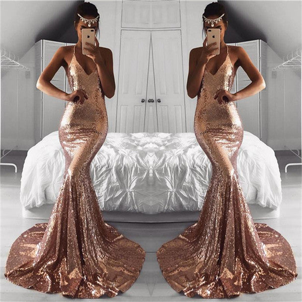 Elegant V-Neck Sequins Sleeveless Evening Dress-ballbellauk