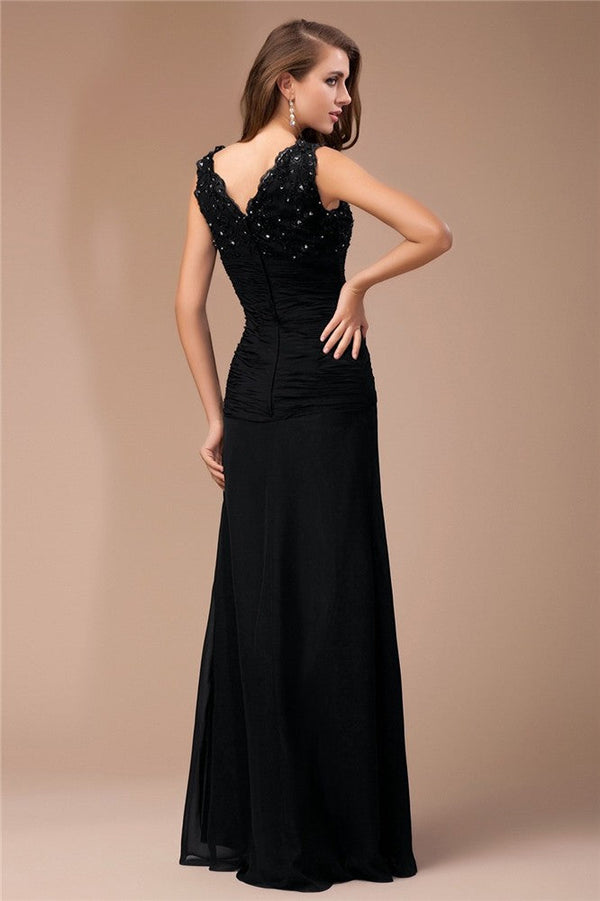 Elegant V-Neck Sleeveless Long Beading Lace Evening Dress Chiffon-ballbellauk