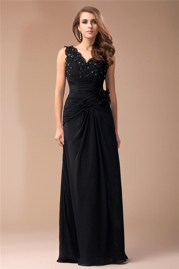 Elegant V-Neck Sleeveless Long Beading Lace Evening Dress Chiffon-ballbellauk