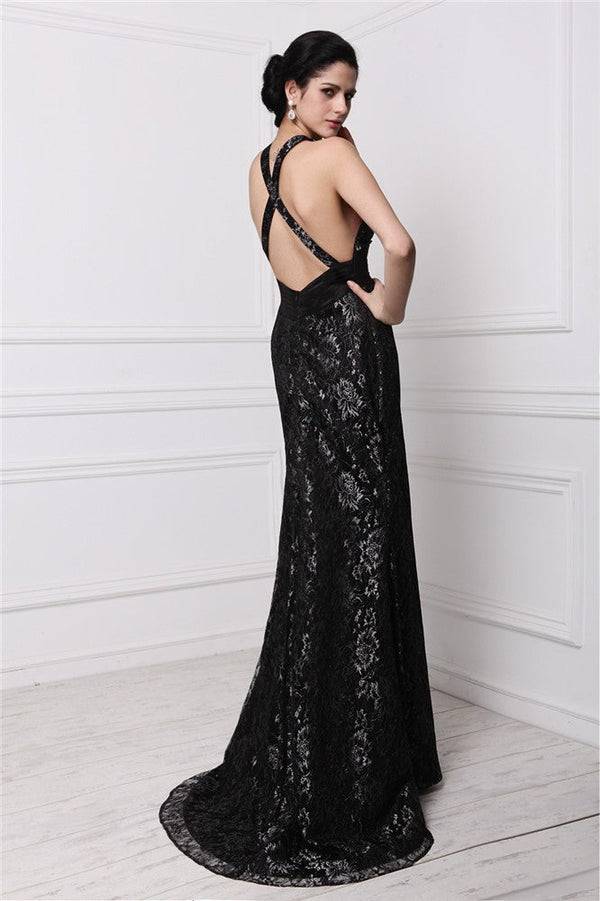 Elegant V-Neck Sleeveless Long Lace Prom Dress-ballbellauk
