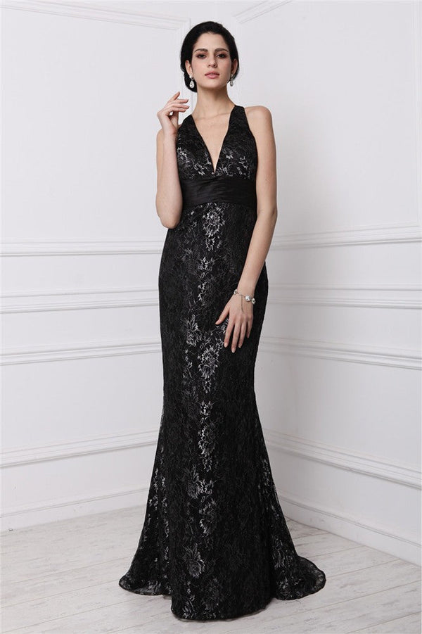 Elegant V-Neck Sleeveless Long Lace Prom Dress-ballbellauk